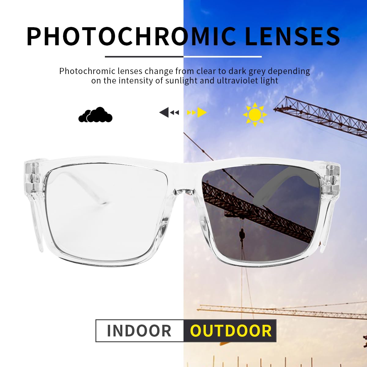 UV400 fotochromowe okulary ochronne ze zdejmowanymi osłonami bocznymi, blokujące niebieskie światło