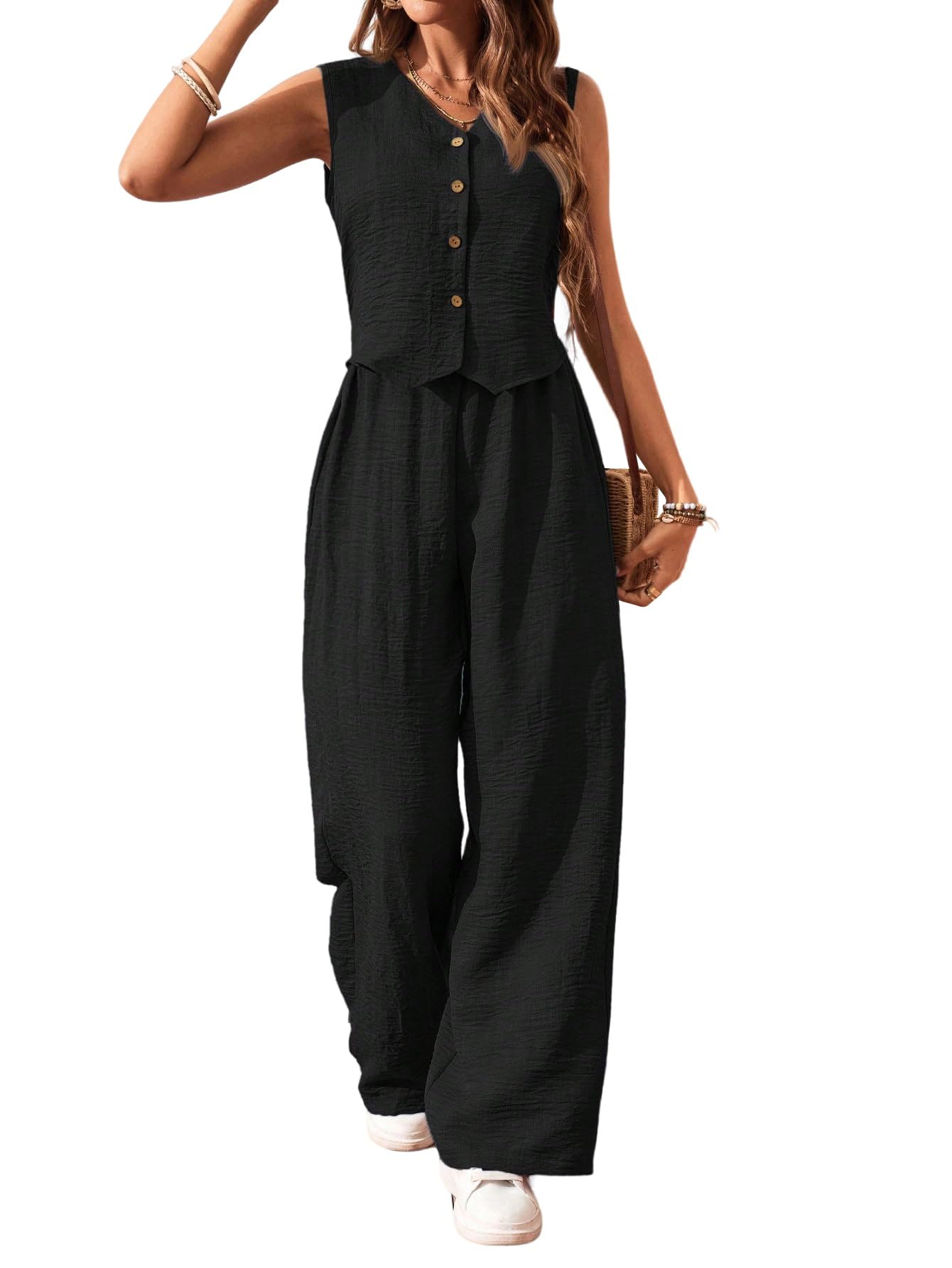 SweatyRocks Damen Zweiteiler Hosen Set Sommer Freizeitanzug mit Weste Bluse und Weite Hose Büro Casualanzug Urlaub Outfits