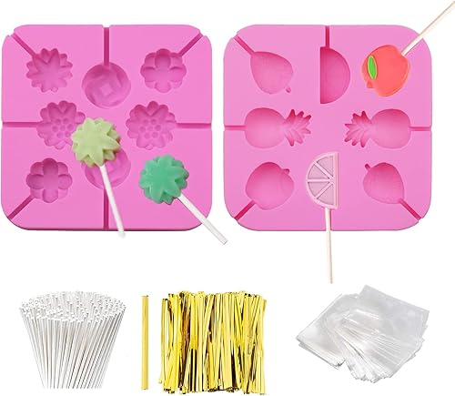 Juego de 2 moldes de piruleta de silicona, moldes de ventosa, 100 palitos de chupón, 100 bolsas de golosinas, 100 lazos dorados para hacer