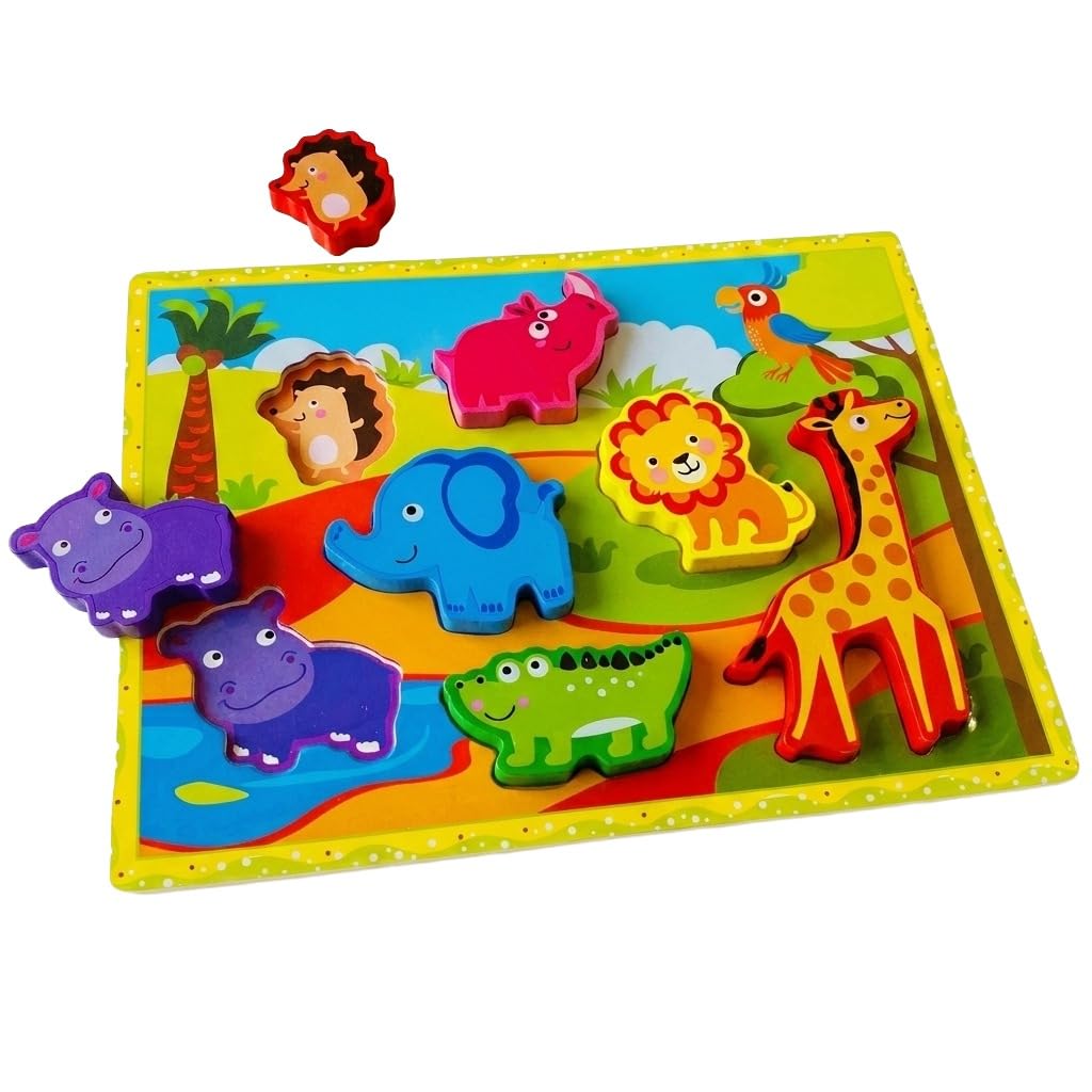 Wild Animals Safari - 7 PCS | Chunky Wooden Puzzle Board | Age 1 2 3 Years | Large Easy-Grip Pieces | Toddler Learning Toy | Fine Motor Play Toy | Preschool Activity Toy-image-39