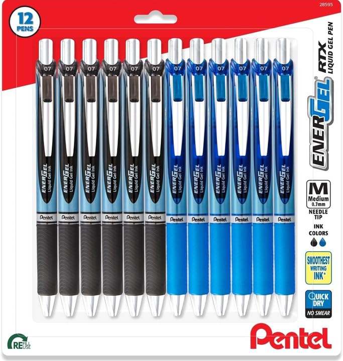 Pentel RTX Energel Liquid Gel Ink Pens 0.7 mm - Pack of 12 Needle Tip, Medium Point Pens - 6 Black And 6 Blue