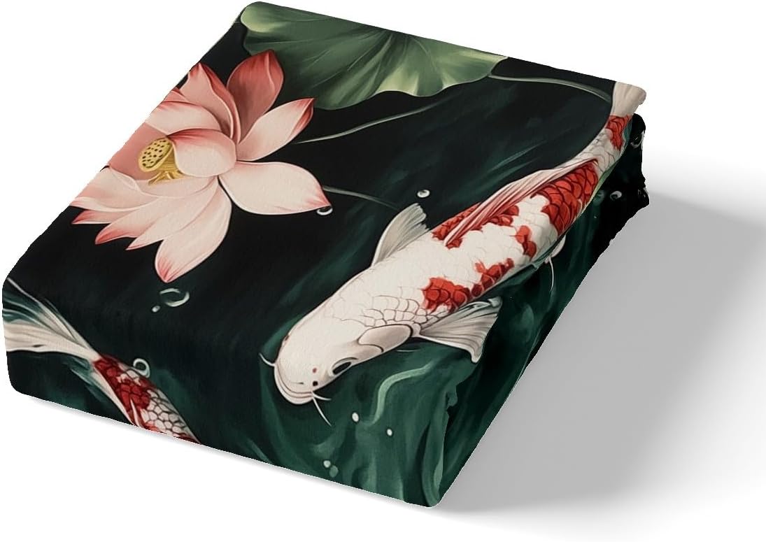 Koi Carp Fitted Sheet Queen Size 3D Watercolor Lotus Leaves Bedding Set for Kids Boys Girls Teens Oriental Japanese Bed Sheet Set Fish Marine Life Bed Cover Room Decor,No Top Sheet