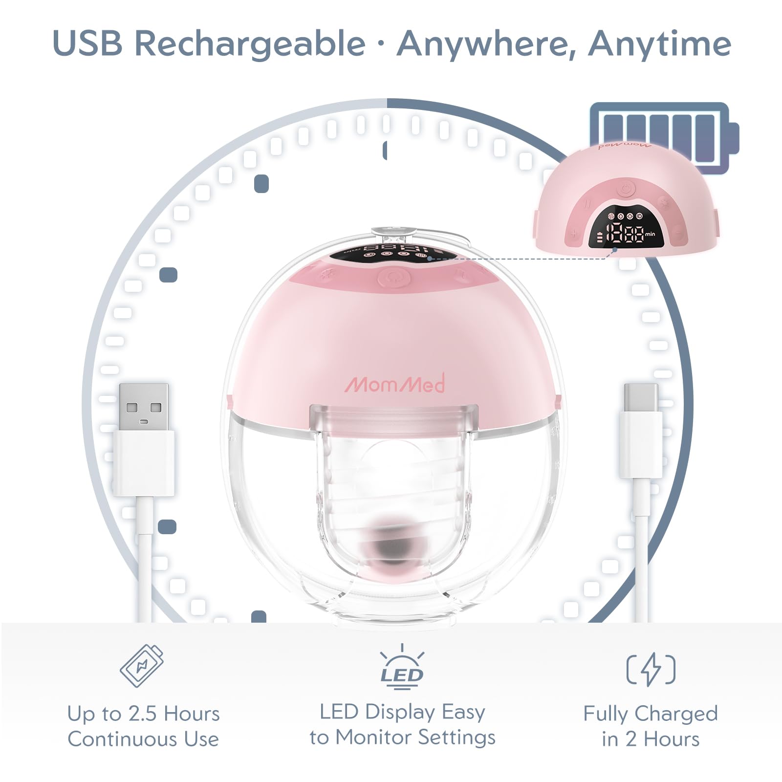 MomMed S33 Tragbare Milchpumpe, Ultraleise In-BH Milchpumpe für Arbeit & Nacht, One-Touch Pause, Nachtlicht, Auslaufsicher, 4 Modi & 9 Stufen, 17/19/21 mm Einsätze (Rosa, Doppel-Standardset)