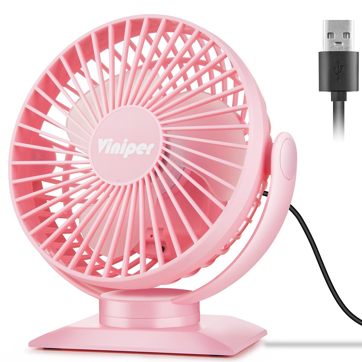 Viniper6 inch Small Desk Fan, Portable USB Powered Fan : 3 Speeds & 360° Rotation Low Noise Strong Wind Portable Fan, Small but Mighty (USB Powered Not Rechargeable) - Pink