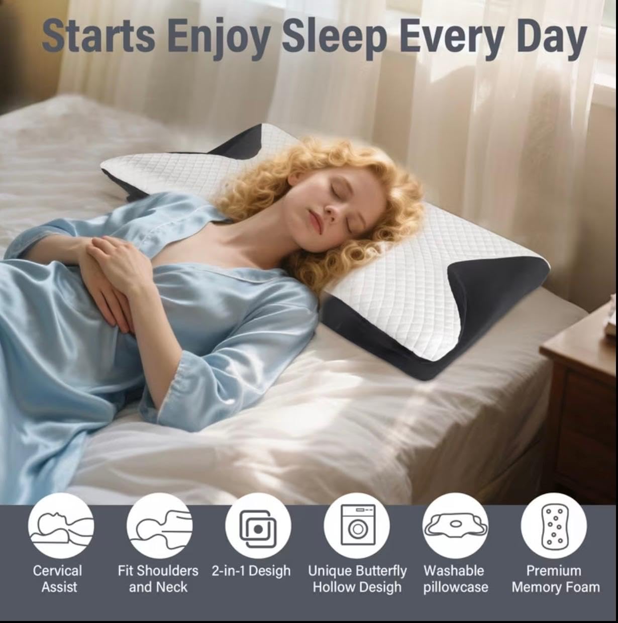 Curosleep Kissen, Ergonomisches Memory Foam Kissen für Seitenschläfer & Rückenschläfer gegen Nackenschmerzen, Orthopädisches Nackenkissen Atmungsaktives Schlafkissen mit Waschbarem Bezug (Schwarz)