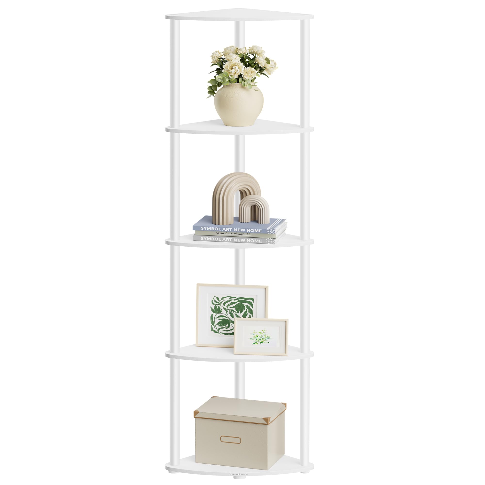 (Similar)SONGMICS HOME Superfast Toolless Assembly, Corner Shelf Stand, 5-Tier Corner Standing Shelf, Living Room, Bedroom, Kitchen, 15 x 10.6 x 54.7 Inches, Snow White ULBC610W01