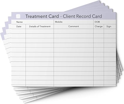 Treatment Additional Client Cards A6 Size - Salon and Therapist Customer Consultation Record - Treatment Services Essentials - Profile and Recording Forms - Beauty Stationery - 105x148mm - Pack of 50