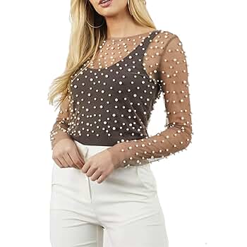 Sun.YG See Through Mesh Pearl Cover Up Long Sleeve Mesh Top
