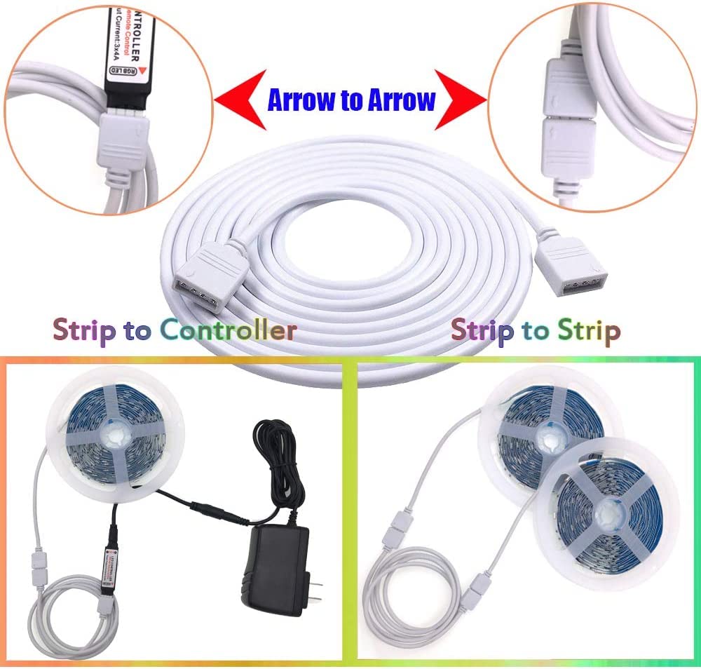 2pcs 5m Cable Alargador Tira LED,RGB LED Strip Extension Cable,4 Pines Cable Extensión Cinta,Conectores adecuados para tiras LED RGB Blanco