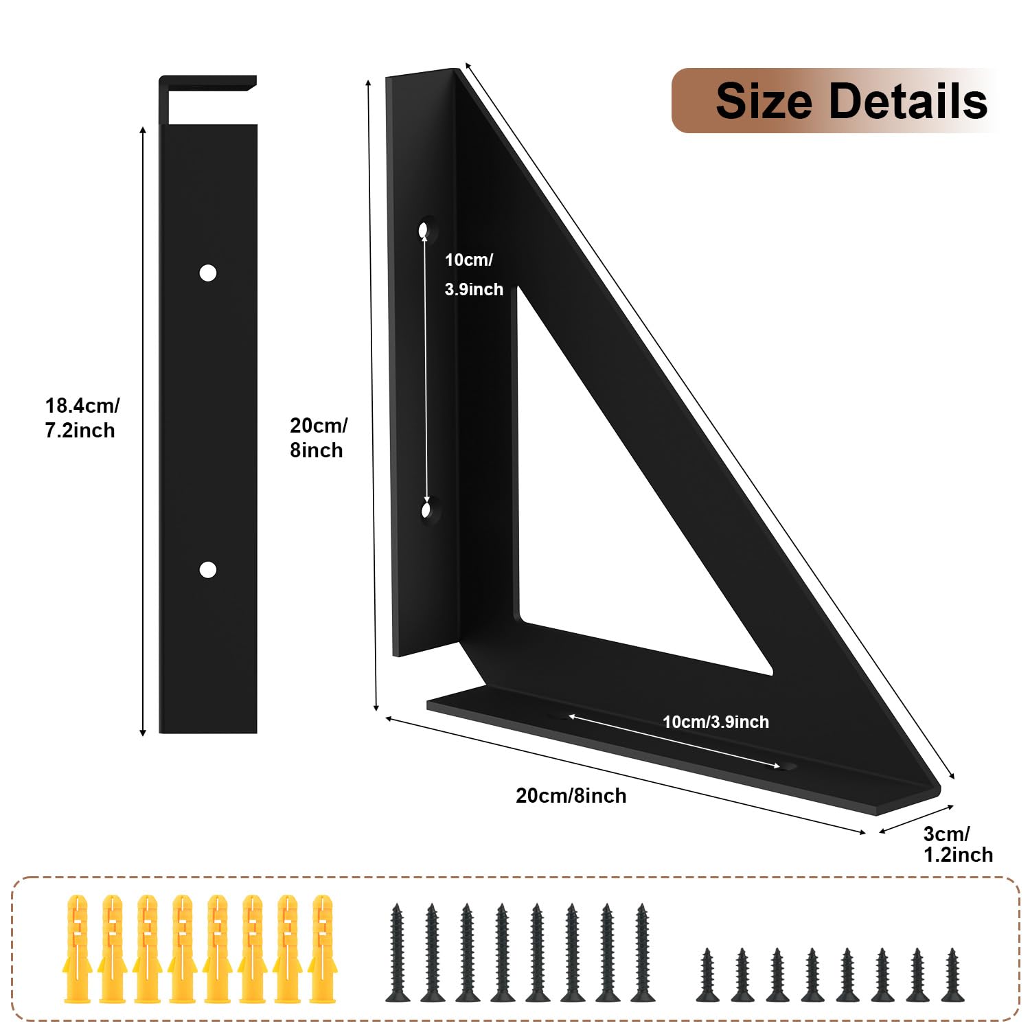 SPOROOT Black Shelf Brackets 20 cm, Set of 4, Metal Heavy Duty Support 90° for Wall Mounting Load Capacity up to 70 kg - Image 2