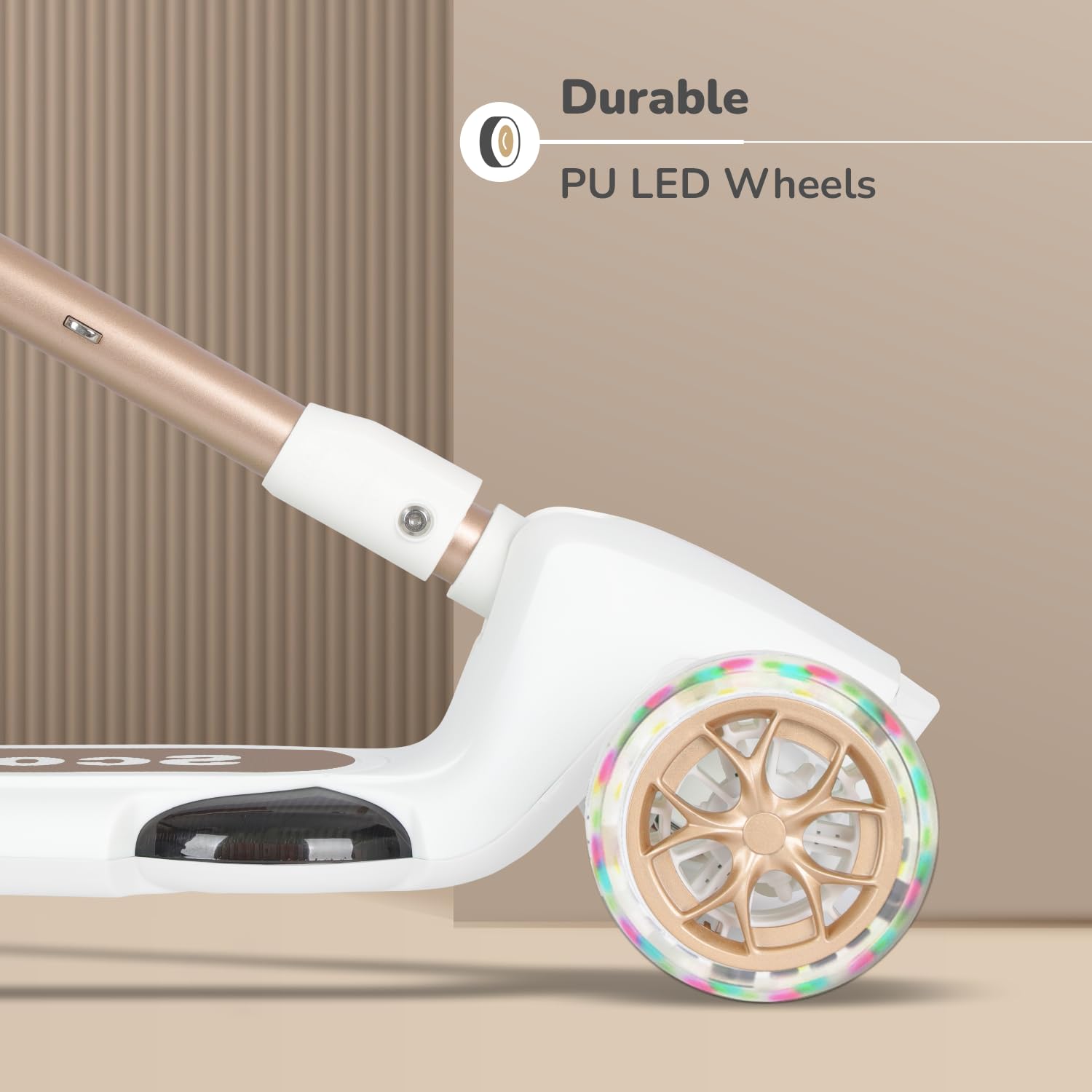 R for Rabbit Road Runner Blaze Foldable Kick Scooter for Kids with 4 Level Adjustable Height, PU LED Wheels, Lights and Music for 3+ Years Baby Boy & Girl of Upto 75kg Weight (Cream Gold) - Image 3 thumbnail