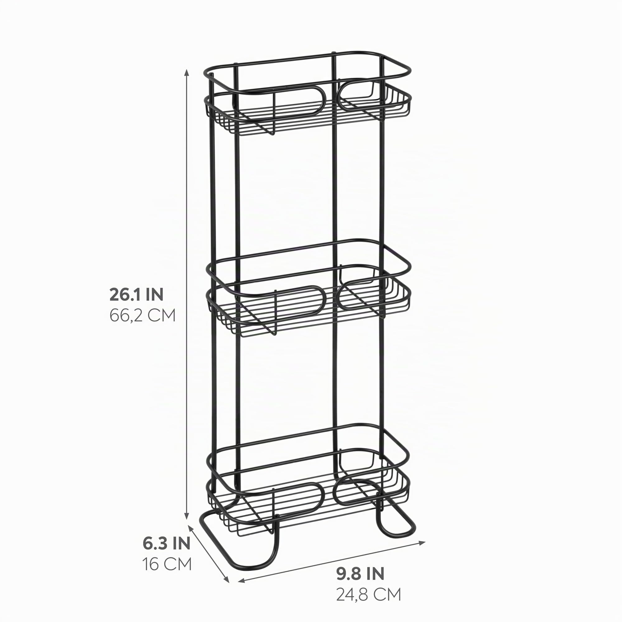 iDesign Neo Portaoggetti Doccia, mensola Bagno in Metallo con 3 Ripiani, Ideale per riporre Shampoo e bagnoschiuma, Nero Opaco, 16,0 cm x 24,9 cm x 66,3 cm