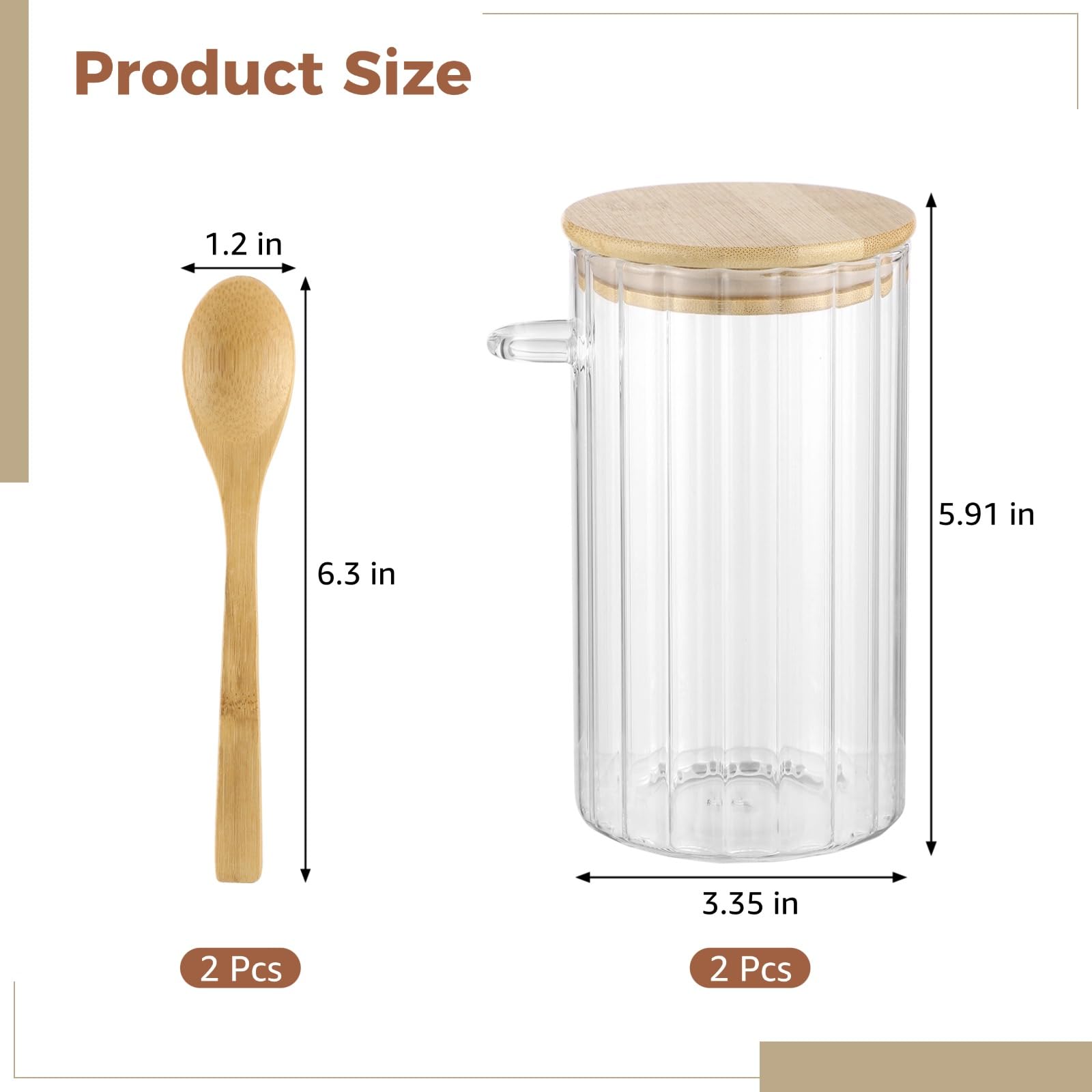 2 Stk. Glas-Vorratsgläser, luftdichte Lebensmittelbehälter mit Holzdeckel, Löffeln und Streifendesign, stapelbare Kaffee- und Zuckerbehälter für Tee, Bohnen, Trockenwaren, 3,35 x 3,35 x 5,91 in