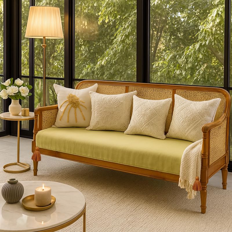 Image of Olive Green Sofa Cover With Tassels| Designer Two & Single Seater Couch Cover for Living Room Decor:Set of 3 Sofa Seat Covers- 4 Seater Sofa Cover Set (2+1+1 Seater)|Corner Tassel Sofa Throw