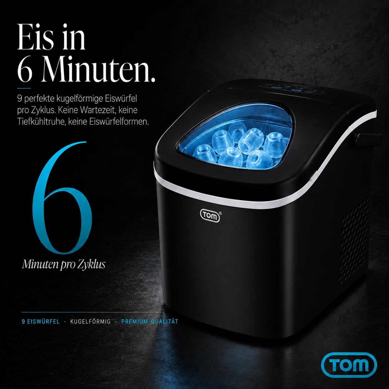 TOM Eiswürfelmaschine – 9 Eiswürfel in 6-8 min – 12 kg/24 h – 2 Würfelgrößen – Ice maker Eiswürfelmacher mit 1,3 l Wassertank – LED-Display – Inkl. Zubehör & Eiszange als Geschenk – Eiswürfelmaschine