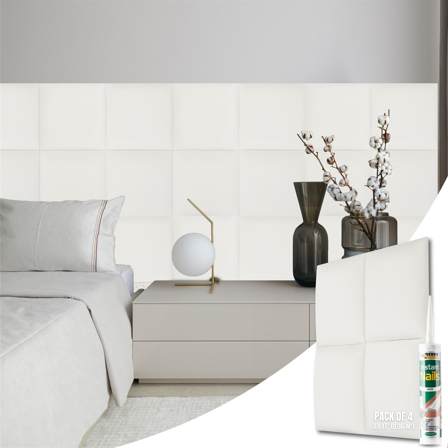 NOVECRAFTO Velvet Padded Wall Panels Set of 4 - Cream Upholstered Anti-Collision Panels with Adhesive - H11.8 x W11.8 (30x30cm) Cushioned Paneling for Beds, Kids Room, Hallways & Feature Walls — image 1