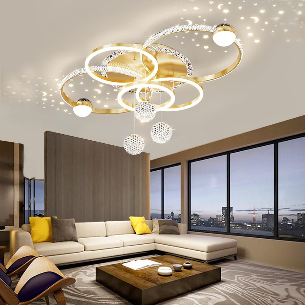 Trutipon Modern Ceiling Light LED Crystal Living Room Chandelier 110cm Creative 5-ring Remote Control Infinite Dimming Lamp Suitable For Villa Bedrooms And Dining Rooms Lighting(Gold)