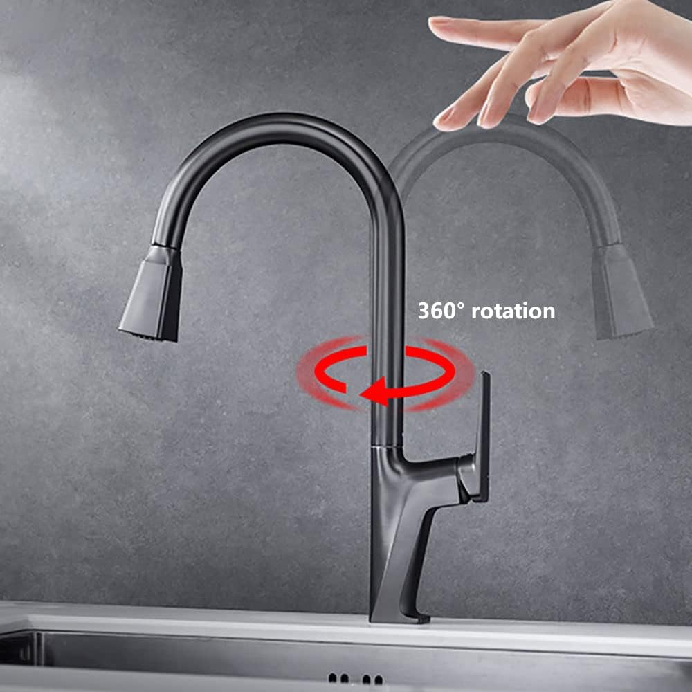 All Copper Kitchen Sink Tap with 23.6Inch Pull Out Sprayer Dual Mode, High Arc Single Handle Single Lever 360° Swivel Spout Kitchen Taps, Commercial Modern Rv Faucets,Grey