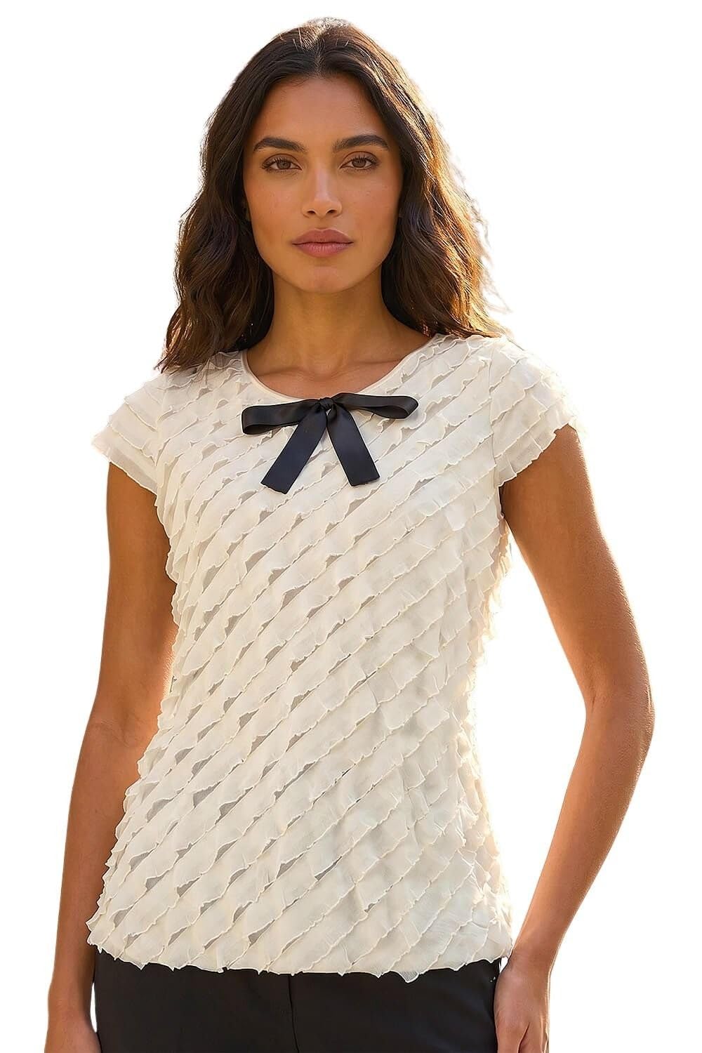 Roman Originals Women's Cream Bow Front Frilled Top For Uk - Everyday Holiday Spring Summer Round Neckline Comfy Soft Evening Vacation Work Party - Size 18
