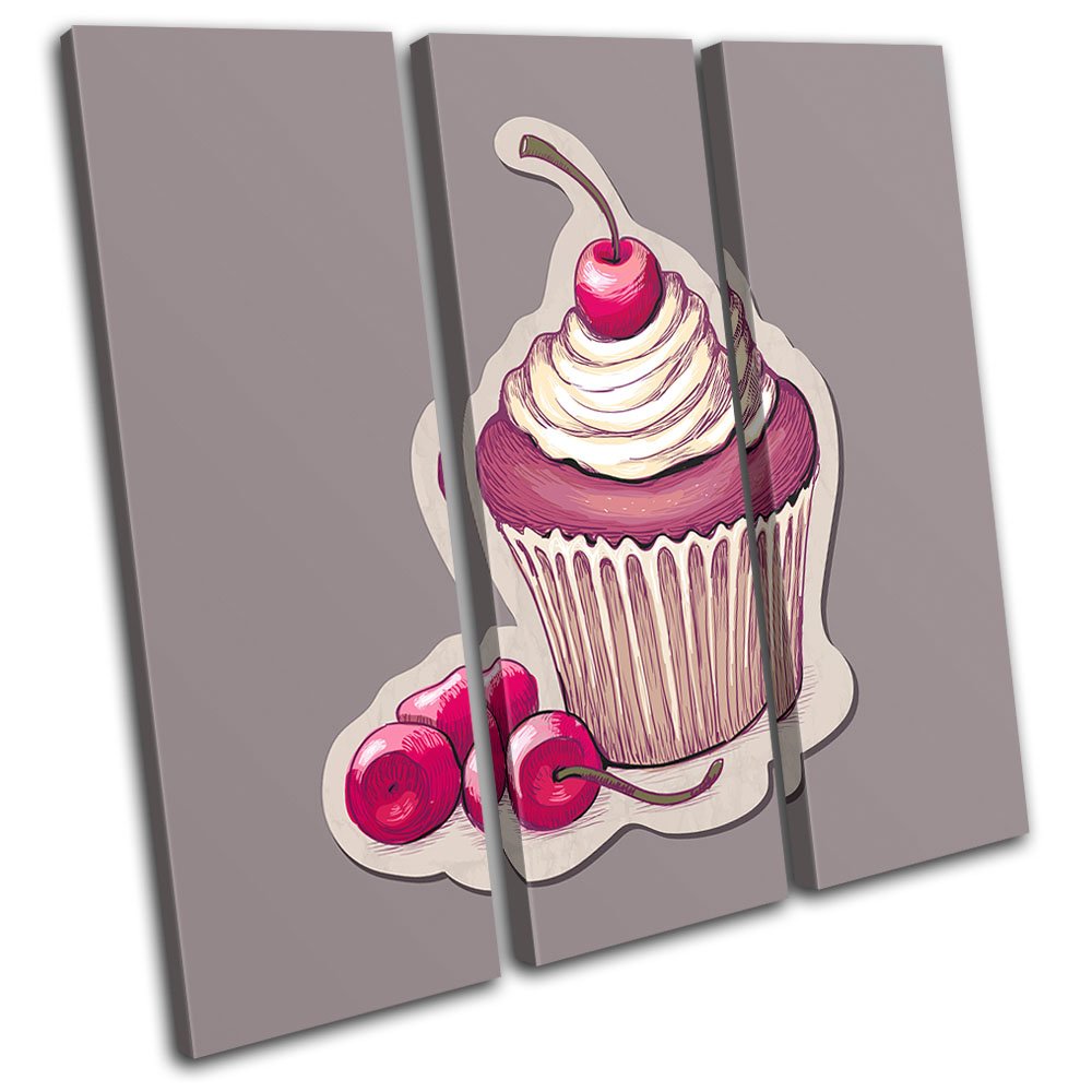Bold Bloc Design - Cherry Cupcake Food Kitchen 90x90cm Treble Canvas Art Print Box Framed Picture Wall Hanging - Hand Made in The UK - Framed and Ready to Hang