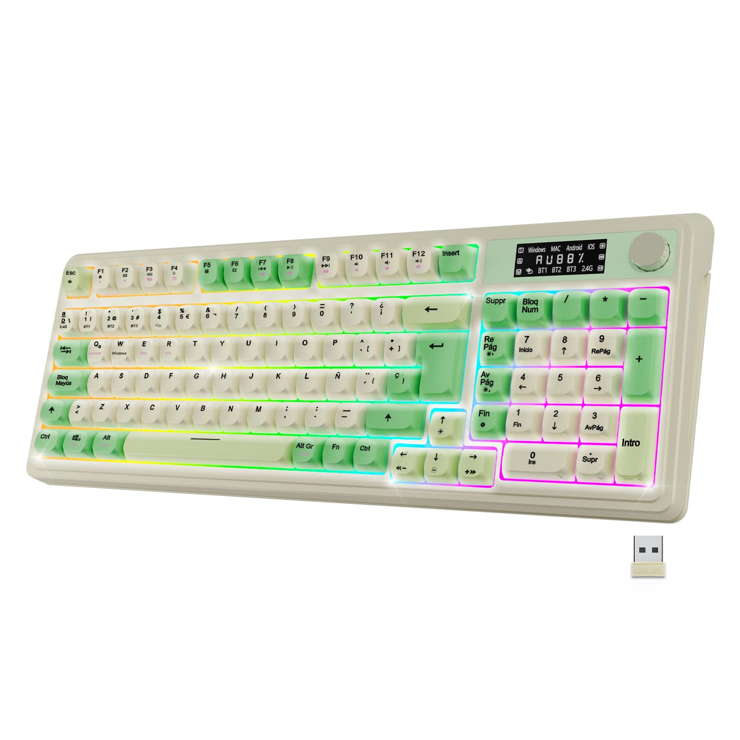 NEWWAY NK251 – Teclado inalámbrico Recargable Pantalla LCD Rueda Multifunción - QWERTY español – Triple Modo (WiFi 2.4 GHz, BT, USB-C) – RGB – Receptor USB Integrado en la Parte Trasera