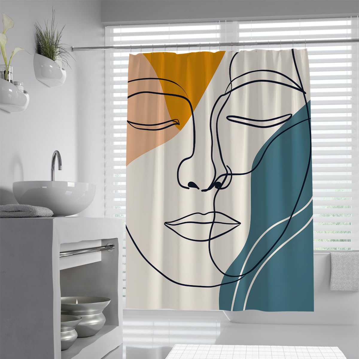 Uiringart Shower Curtains Teal Yellow Abstract Faces W180xl200cm Nordic Minimalist Mildew Resistant Waterproof Bath Curtains Decoration With Hook