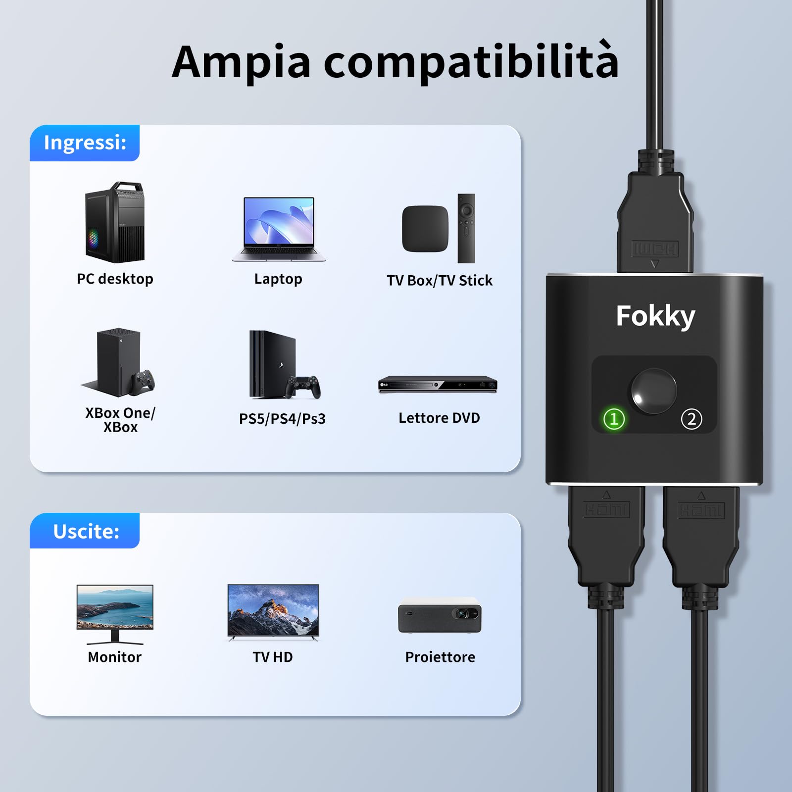 Fokky Switch HDMI sdoppiatore hdmi, Switch Bidirezionale 2 Ingressi 1 Uscita / 1 Ingressi 2 Uscita, Supporta 1080p 3D 4K@30hz HDCP, splitter Per HDTV, PS4, PS5, Blu-Ray Player, DVD,