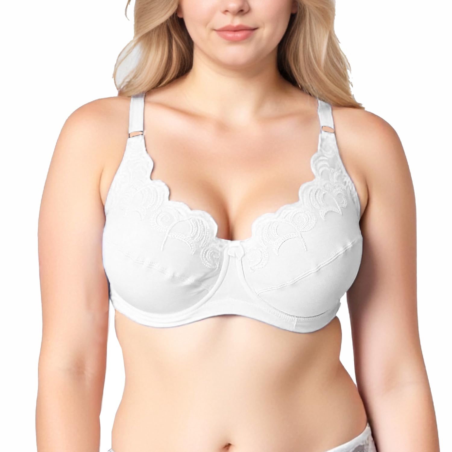 Womens Plus Size Soft Cotton Embroidery Unlined Full Coverage Underwire Bra
