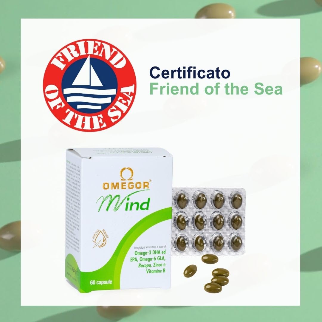 Omegor Mind Omega 3 e 6 con Bacopa Monnieri - Integratore Memoria e Concentrazione - Con Zinco, Vitamine per Favorire le Funzioni Cognitive - Per Adulti e Bambini (60 Capsule)