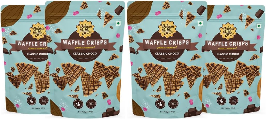 The Belgian Waffle Co - Classic Choco Waffle Crisps, Thin, Crunchy, Eggless, Baked Not Fried, Healthy Snacks for Breakfast - 85 gm Each (Pack of 4)