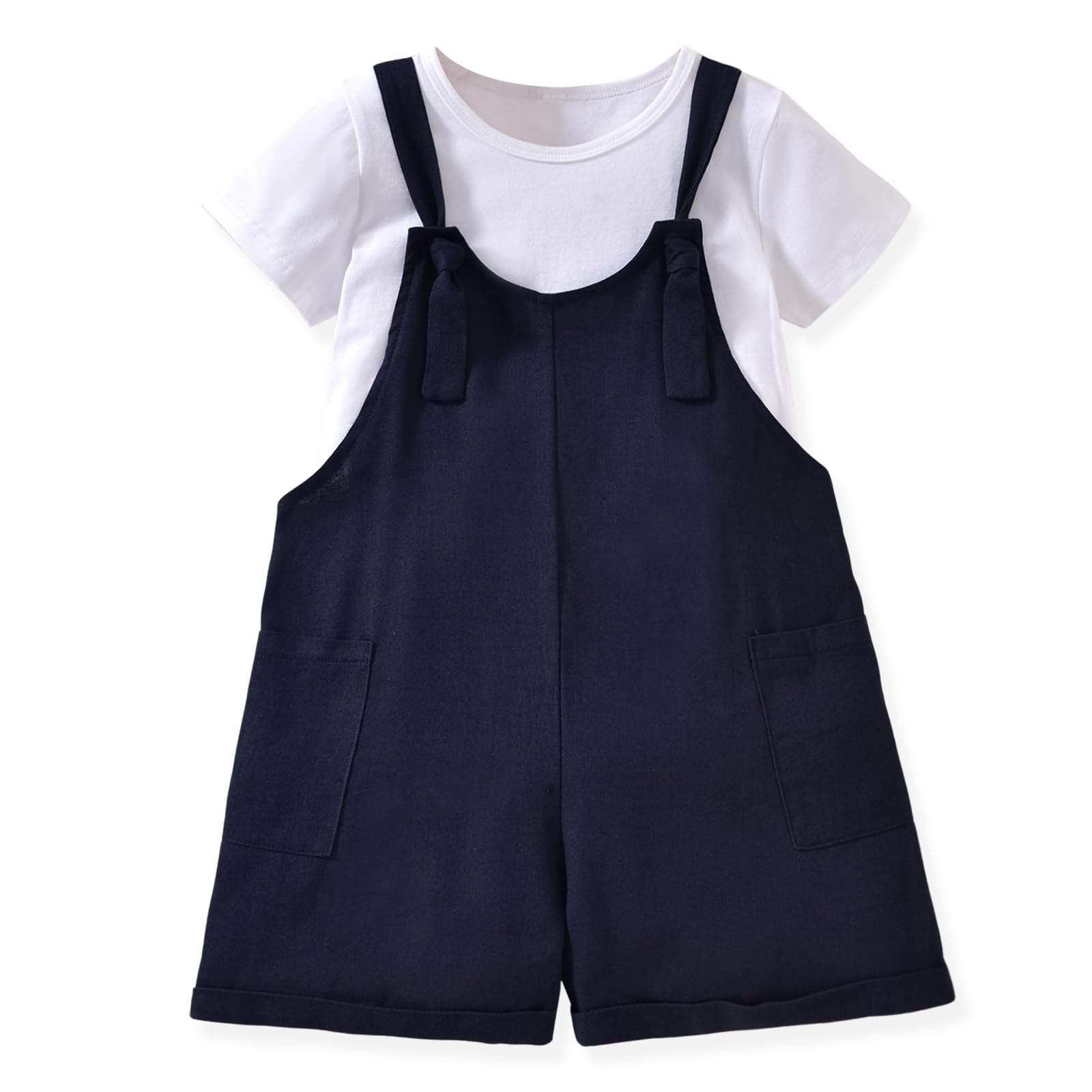 HINTINA Toddler Girl Overall Shorts Set Adjustable Loose Jumpsuit Short Sleeve T-shirt Vacation Summer Outfits with Pockets