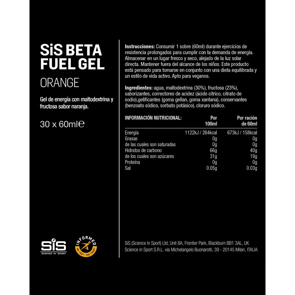 Science in Sport Beta Fuel Gel Gel Energético de Doble Fuente 30 x 60ml Naranja Vegano - 40g de Carbohidratos en Proporción 1:0.8, Muy Buen Proveedor de Energía