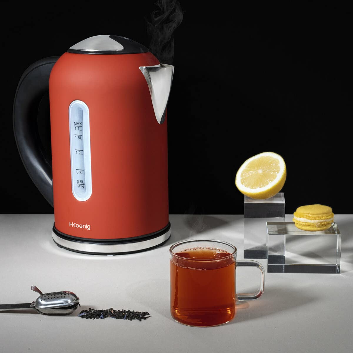 H.Koenig BOE54 Hervidor de Agua Eléctrico Pequeño, 2200 W, Capacidad 1.7 L, Base 360º, Temperatura Hasta 100º En Tiempo Récord, Rojo/Negro