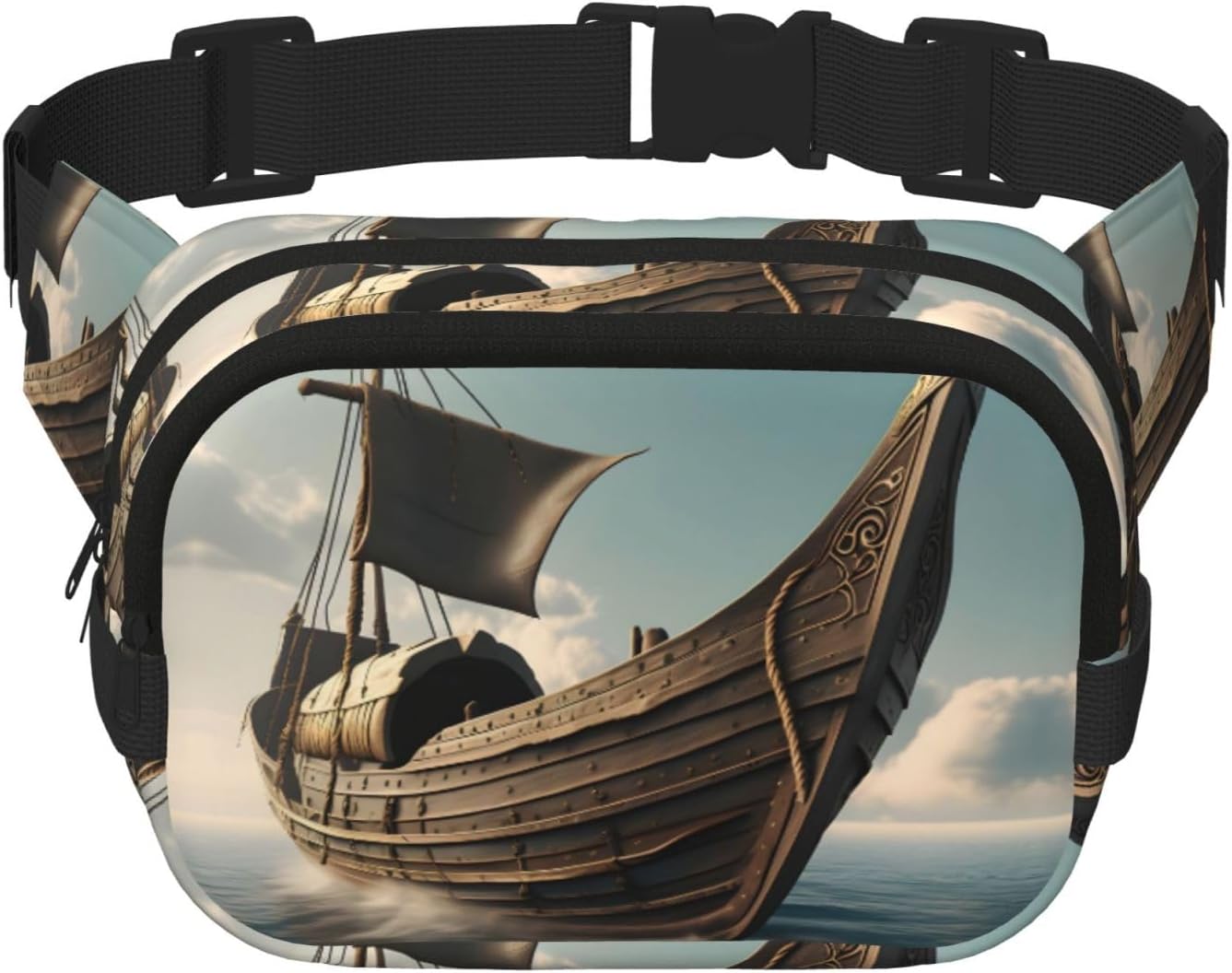 Old Viking Boat Print Fashion Waist Packs Square Layer Waist Bag Black Belt Bag with Adjustable Strap