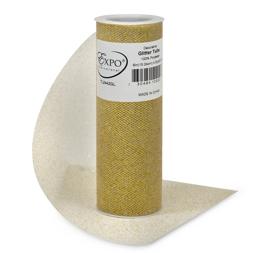 Expo International Decorative Glitter Tulle, Roll/Spool of 6” X 10 Yards, Lightweight Polyester Tulle Fabric for Costumes, Wedding, and Party Decorations, Washable, Easy-to-Use, Gold