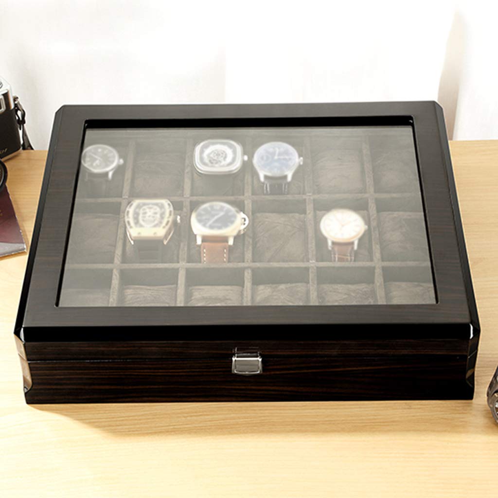 Caja de almacenamiento de madera para reloj de 24 rejillas para hombres/mujeres con tapa de vidrio/relojes de pulsera con cerradura caja de almacenamiento de exhibición de colección de joyas (negro)