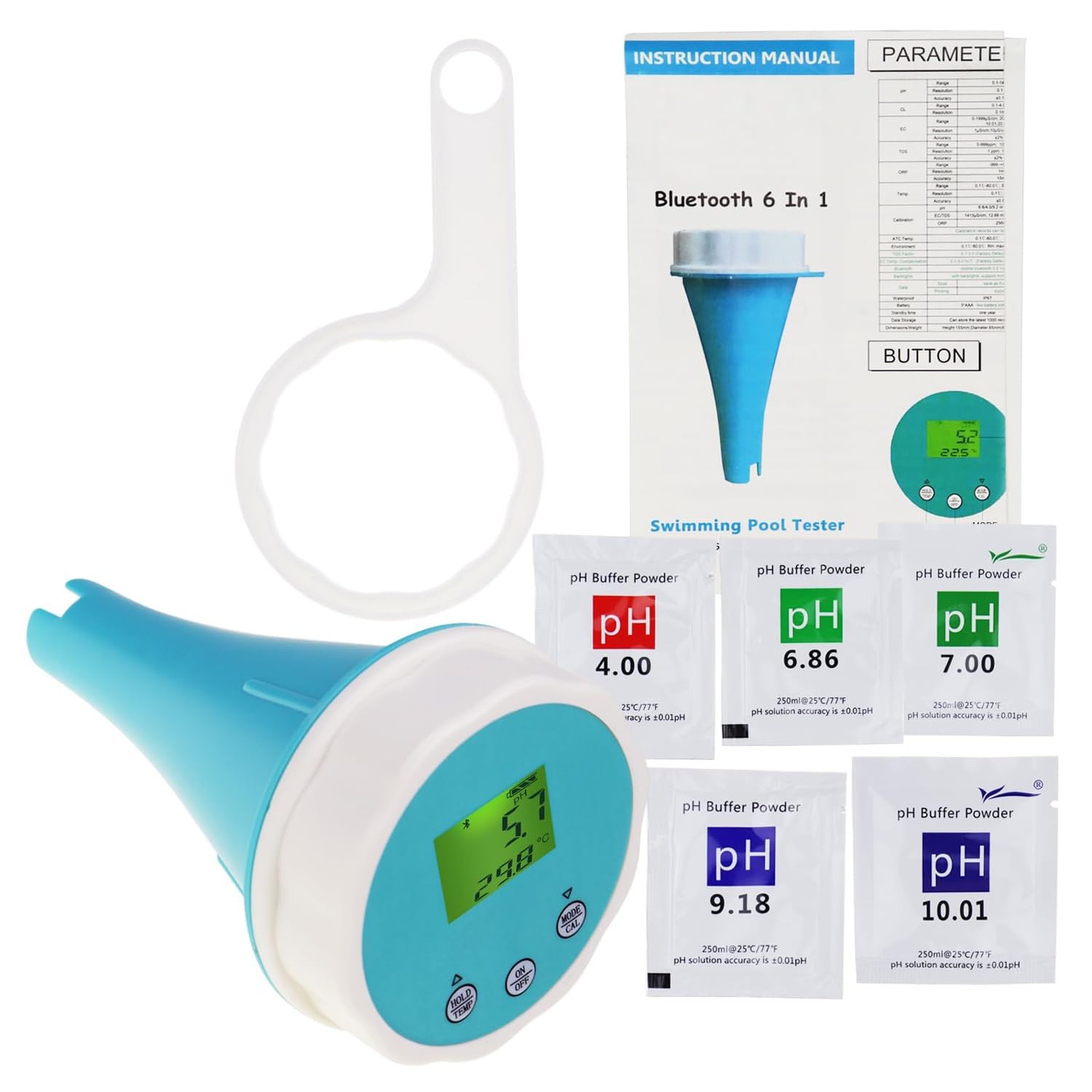 Tester dell'Acqua,Tester della qualità dell'Acqua Bluetooth for PH/Orp/EC/Tds Temperatura Tester Cloro residuo,termometro Galleggiante for Piscina WiFi Impermeabile IP67 con Bluetooth