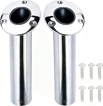 Amarine Made Set of 2 Heavy Duty Stainless Steel 316 Deluxe Rod Holders with Drain, Flush Mount Fishing Rod Pole Holders, 15 Degree