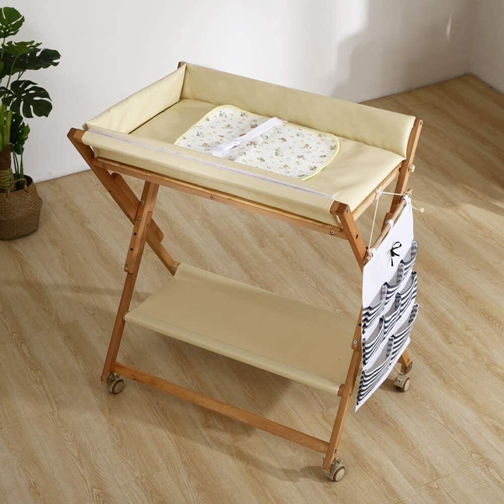 Cambiador de Pañale,Plegable de madera con almacenamiento y tapete impermeable, cambiador portátil para niños pequeños con ruedas