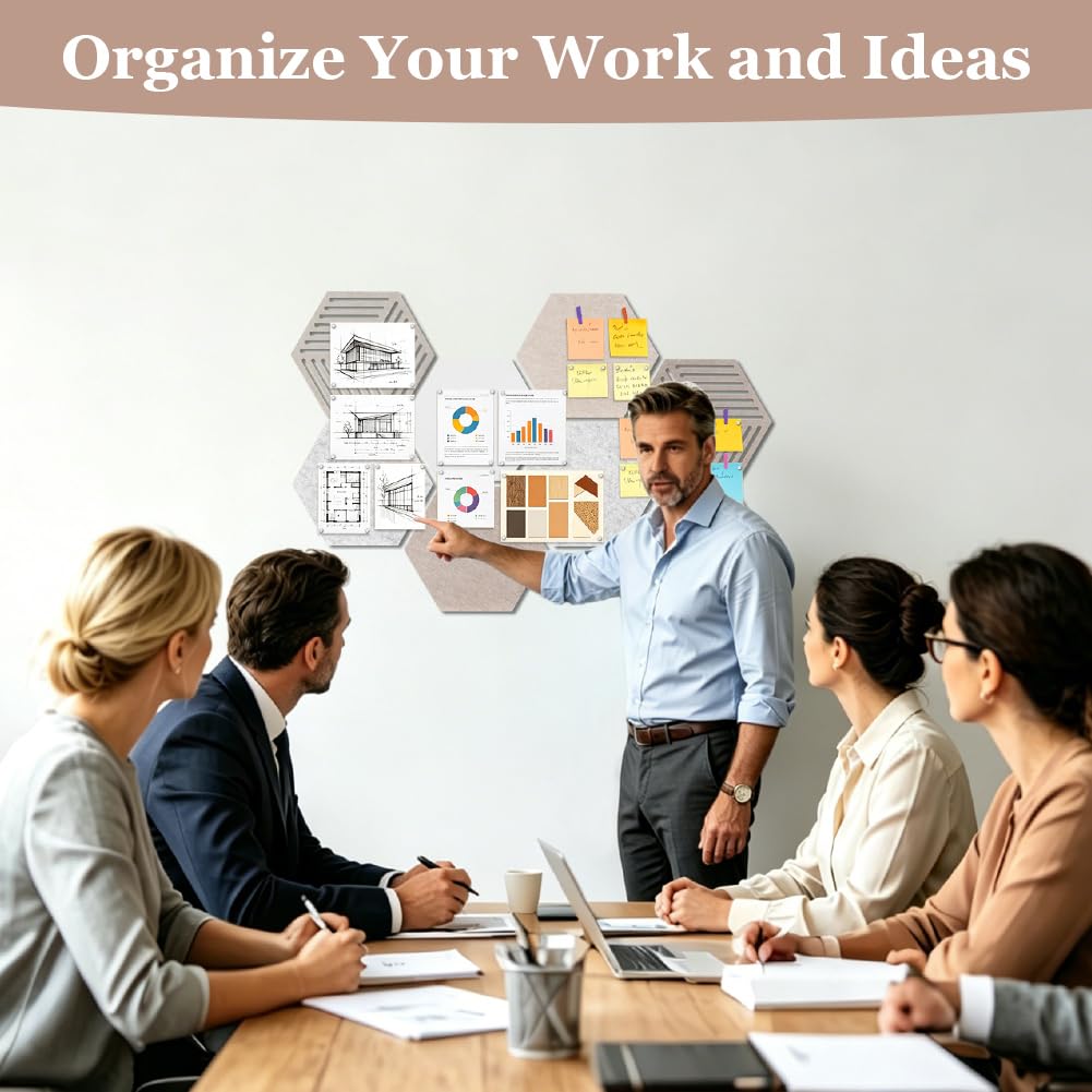 Ainiv 8 Stück Sechseckige Filz Pinnwand, Selbstklebende Heimwerken Pinnwand, Memotafeln Pinwand, Vision Board mit 40 Pinnnadeln und 10 Bunten Holzclips, Korkwand für Büro Home Schlafzimmer (Kameltöne)