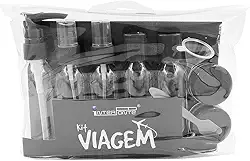 Kit de Frascos para Viagem 10 peças - Porta Liquidos Spray Valvula Pump Tampa normal Cremes e funil (Preto)