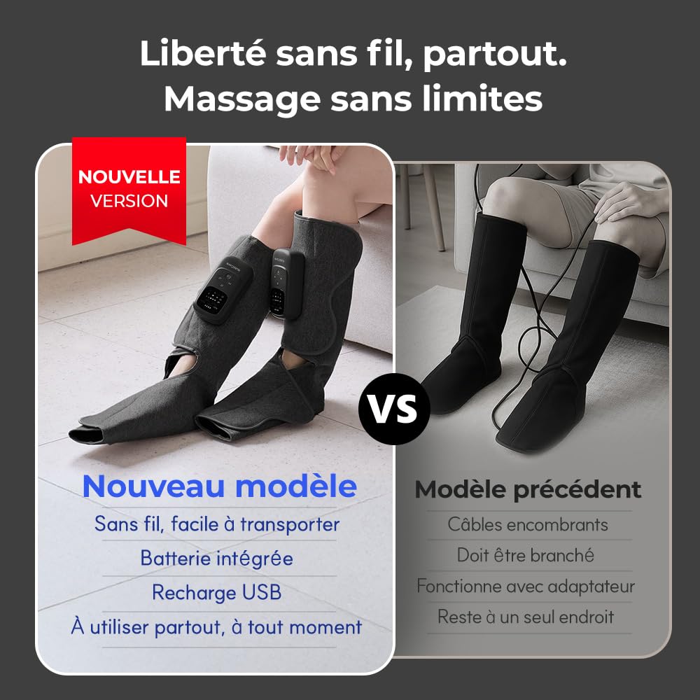 HuBDIC HubiCare Masseur de mollets et de pieds sans fil avec compression de la chaleur et de l'air pour la circulation et le soulagement de la douleur, 5 modes avec 5 intensités, réduction du