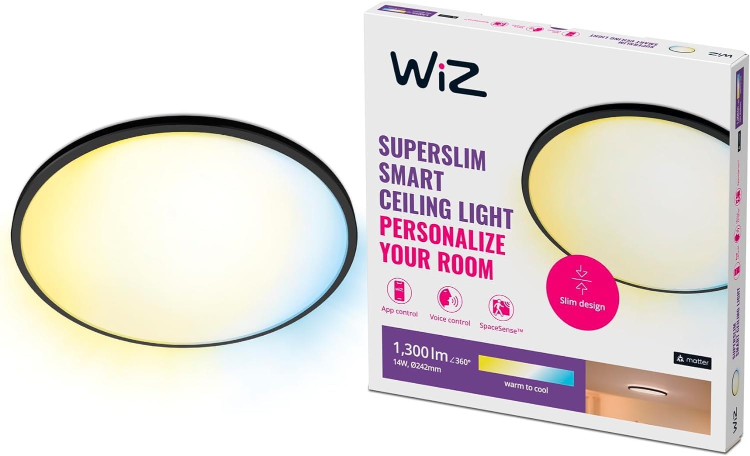 WiZ Plafoniera Smart SuperSlim WiFi, Luce Bianca da Bianca a Fredda Dimmerabile, 16W, Nero, Tecnologia SpaceSense, Controllo Vocale (Alexa, Apple HomeKit, Google Home)