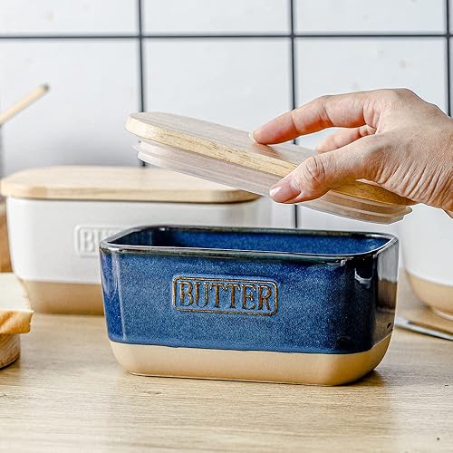 Miniatura 5 de HVH Mantequilla de cerámica con tapa para encimera, soporte hermético con tapa de madera, platos de mantequilla con fundas, recipiente de