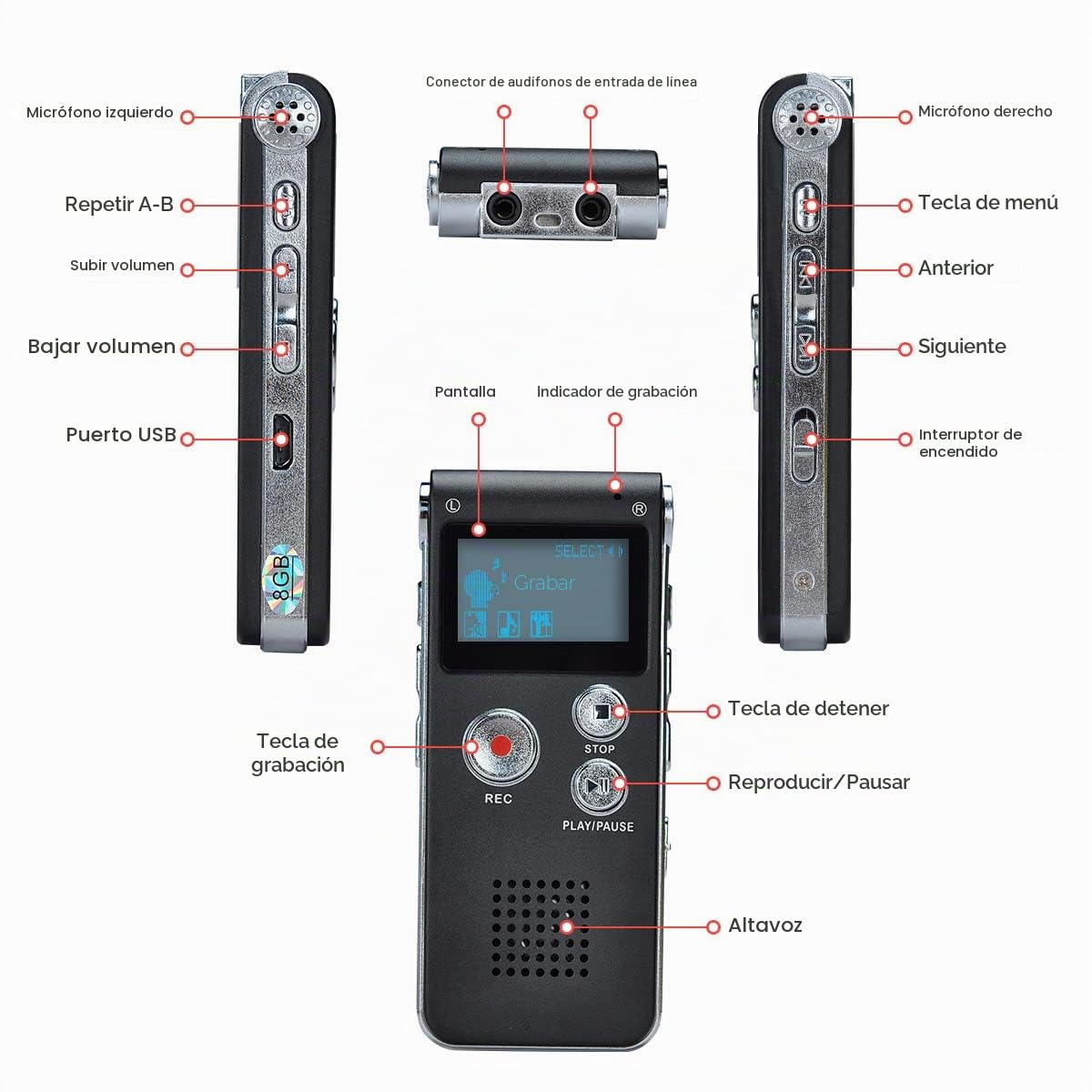Grabadora de Voz Dictáfono LCD USB Grabadora de Voz Digital Profesional Portátil Reproductor MP3 de Larga Duración Batería Recargable-8GB (Negro)