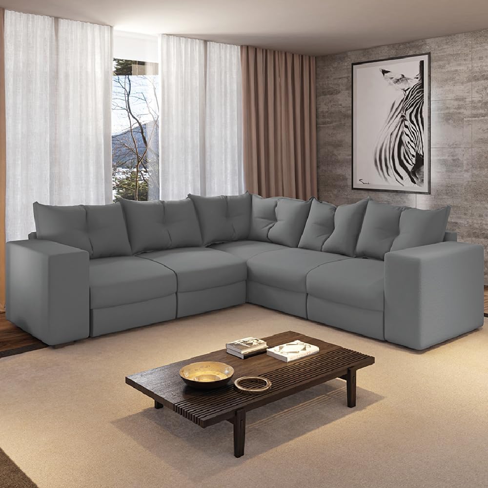 Sofá de Canto Retrátil 5 Lugares Veludo New Qatar Cinza Selmer
