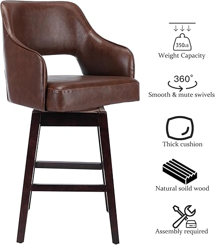 Vista 30 de Kmax Taburete de bar de tela con altura de mostrador, taburete giratorio de bar con patas de madera, reposapiés trasero abierto para isla de cocina