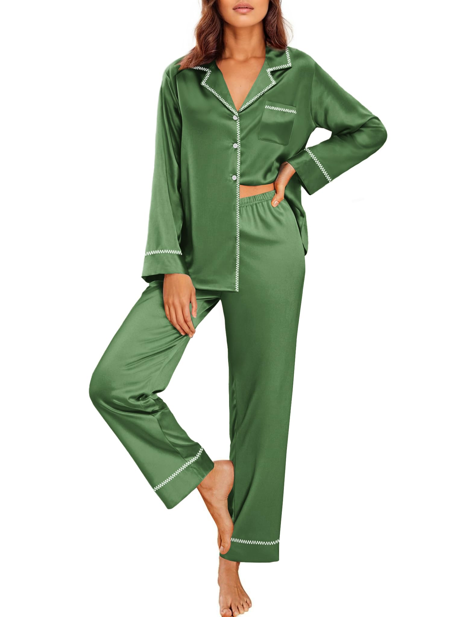 Ekouaer Satin Pajama Set for Women Silky Sleepwear Long Sleeve Top and Pants Button Down Pjs Lounge Set