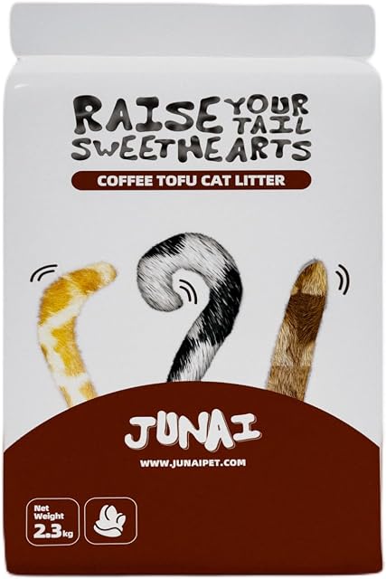 JUNAI Tofu Litter chat 2.3kg, Café Cluping Chat Litter Pellet Naturel Vegan Kitty Litter, Légère et Sans Poussière Chat Littérateur pour Chats Multiples, Flushable et Biodégradable