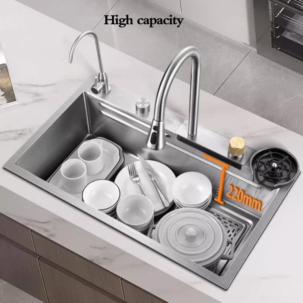 Lavello a sifone in acciaio inox color argento con rubinetto, rondella e cestello di scarico, lavello da cucina, piano di lavoro per lavastoviglie integrato, piscina fognaria controllata